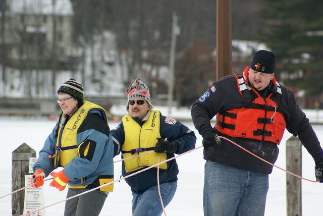 Tending Lines, SLVRS member Mim Millar, SLVFD Captain Jim Stinson and Lieutenant Jeff White &quot;Lifeguard Systems, Surface Ice Rescue Training 1/8/2012&quot;